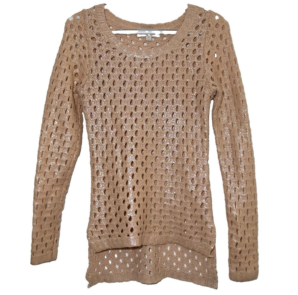 Olive & Oak Womens Medium Blush Nude Beige Shimmer Open Knit Hi Low Sweater Boho